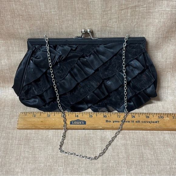 White House Black Market Black Ruffle Evening Clutch Purse Shoulder Bag Satin - Picture 5 of 6